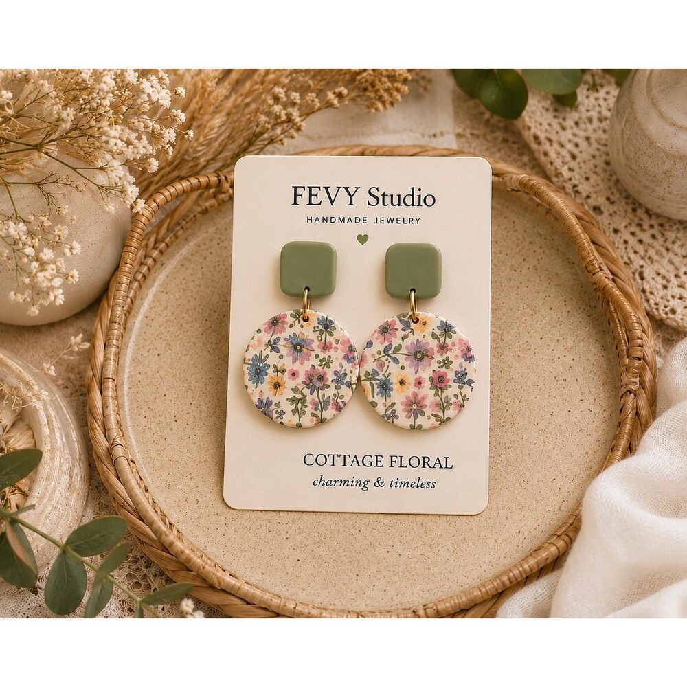 Cottage Floral Earrings | Sage Green Polymer Clay Dangles | Gift for Her